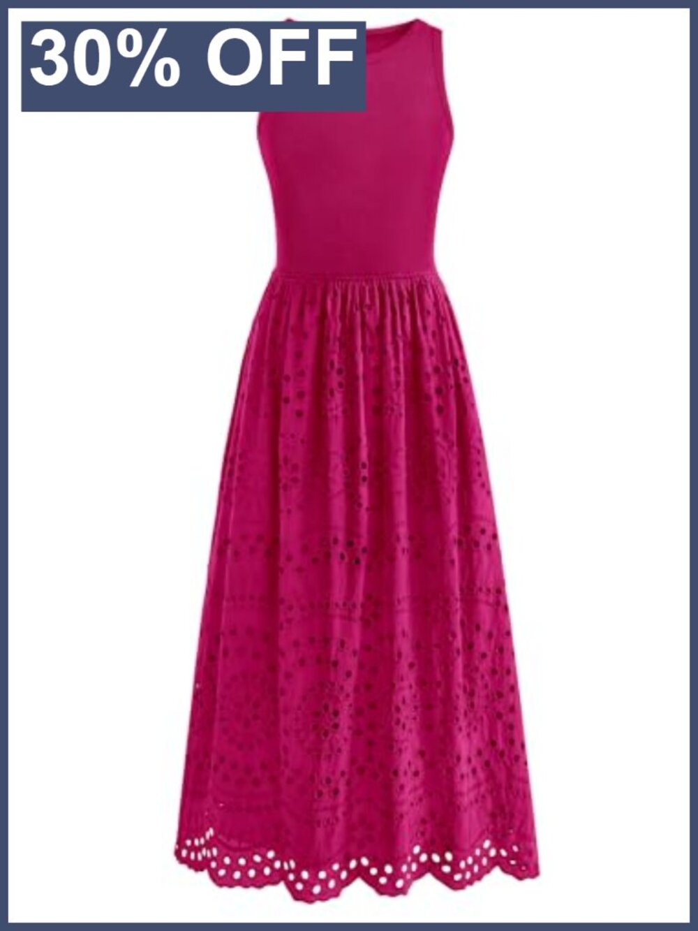 Sleeveless Lace Eyelet Cotton Tank Maxi Dress with Pockets